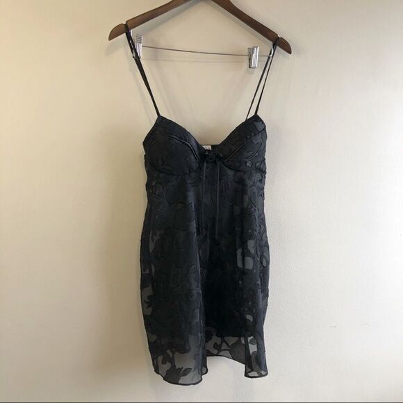 Vintage Linda Lingerie Floral Semi Sheer Babydoll Sexy Bra Cami Top Black - Picture 1 of 14